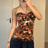 BXOXO Vintage Floral Print Backless Camis y2k Aesthetic Sleeveless Skinny Lace-up Halter Crop Top Women Summer Holiday Tee Lady